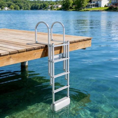 Retractable Dock Ladder With 5 Steps Aluminum Pontoon Swim Ladder Auto Lift Float Non Slip Wide Steps 500 Lb Weight Capacity Adjustable Height No Fuss Easy Install Ideal For Lake Pool And Boat on wooden dock