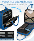 Open blue Underseat Carry On Luggage With Wheels showing organized compartments for clothes and laptop, Lightweight Personal Item Size Suitcase For Men And Women, Go-To Easy Glide Telescoping Handle, Durable Waterproof Polyester, Perfect For Pilots And Crew On The Go.