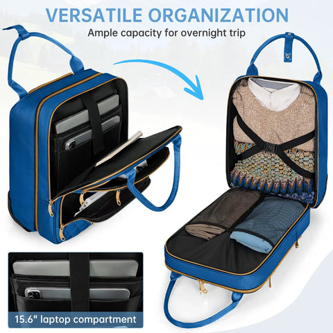 Open blue Underseat Carry On Luggage With Wheels showing organized compartments for clothes and laptop, Lightweight Personal Item Size Suitcase For Men And Women, Go-To Easy Glide Telescoping Handle, Durable Waterproof Polyester, Perfect For Pilots And Crew On The Go.
