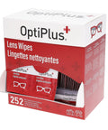 OptiPlus Lens Wipes box front view; 252-count, pre-moistened lens cleaning wipes for glasses and screens