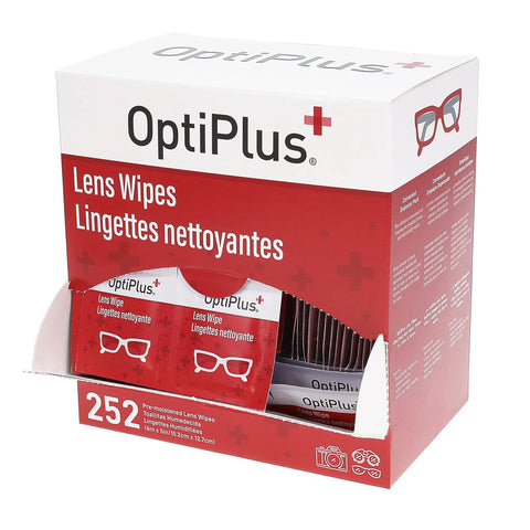 OptiPlus Lens Wipes box front view; 252-count, pre-moistened lens cleaning wipes for glasses and screens