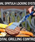Close-up of 18 Inch 3 In 1 Barbecue Tool with Long Tongs Spatula and Grill Scraper, Blue, flipping burger on grill.