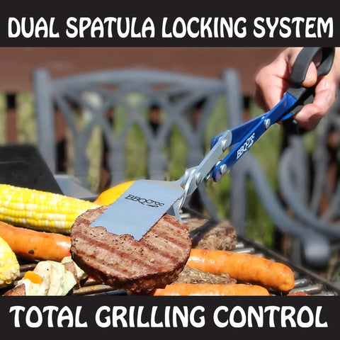 Close-up of 18 Inch 3 In 1 Barbecue Tool with Long Tongs Spatula and Grill Scraper, Blue, flipping burger on grill.