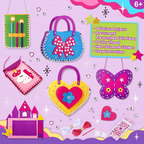 Kids Sewing Kit For Beginners 6 Easy DIY Felt Crafts For Girls Aged 4 5 6 7 8 Learn To Sew Unicorn Purse Bags Picture Frame Pen Holder And More Kid Friendly Arts And Crafts Gifts displayed with colorful felt projects on a purple background.