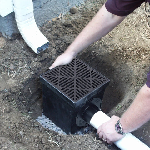 Square Catch Basin Drain Kit 12-Inch For Lawns And Landscaping With Two-Opening Catch Basin Drain Stormwater Solution Easy Install Includes Two Adapters One Outlet Plug And Plastic Drain Grate Black installed in ground.