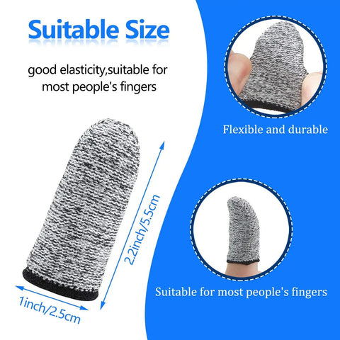 Image showing 20 Piece Cut Resistant Finger Cots And Finger Sleeves Reusable Thumb Protectors for Kitchen Cooking Crafting and Sculpting Work 2.2 Inch size, highlighting flexibility and durability with measurements 2.2 inch by 1 inch.
