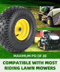 Exact Replacement Front Tire And Wheel Set 15x6-6 Tubeless For John Deere Riding Mowers And Lawn Tractors shown on grass