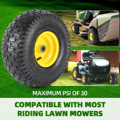 Exact Replacement Front Tire And Wheel Set 15x6-6 Tubeless For John Deere Riding Mowers And Lawn Tractors shown on grass