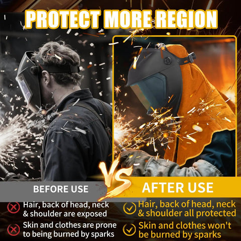 Comparison of welder with and without Real Cow Leather Welding Hood Cap, Heat And Spark Resistant Shield Up To 250C.