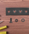 Black Sliding Barn Door Track Connector Repair Bracket, screws, for barn door hardware kit on wooden surface