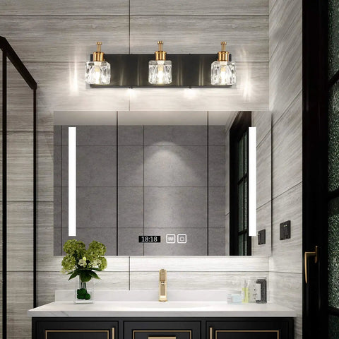 Modern Black LED Vanity Light Over Mirror With Adjustable Crystal Glass Shades 3 Light Bath Wall Fixture Waterproof Matte Black Frame For A Dope Sleek High End Bathroom Upgrade