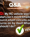 Image of RC vehicle troubleshooting guide with text: 'Q: My RC vehicle won’t start, can’t move, smells burnt, or short circuits.'