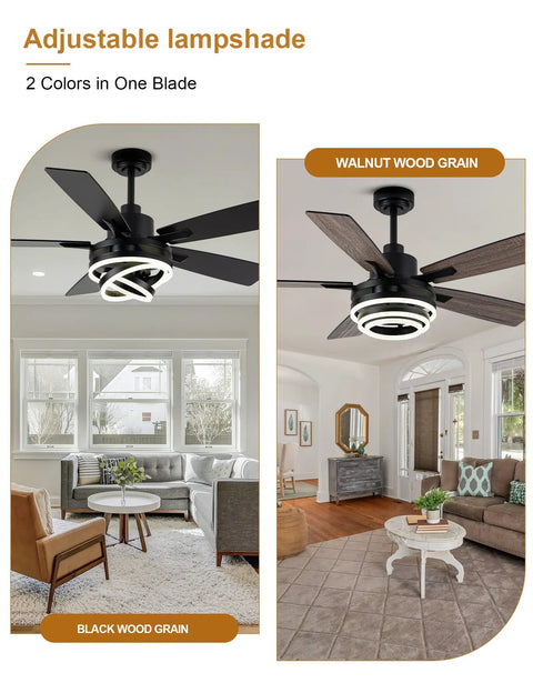 Smooth Operator 52 Inch Black Modern Chandelier Ceiling Fan Featuring Smart App Control And Barn Wood Blades in living room settings.