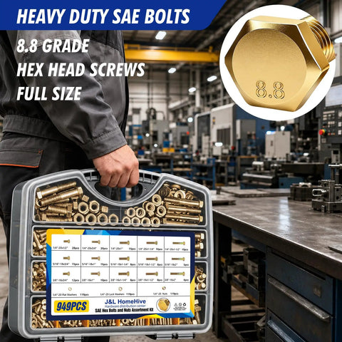 Heavy Duty Grade 8 Zinc Yellow Coated Bolts And Nuts Assortment Kit With Case For Auto Repair And DIY Projects One Quarter Twenty Five Sixteenths Eighteen Three Eighths Sixteen One Half Thirteen Hex Bolts Nuts And Washers Set For Garage Or Shop Use, 949-piece case