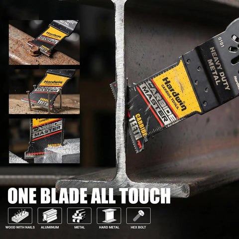 Kickass Carbide Oscillating Multi Tool Blades 3 Pack against dense metal sheet showcasing cutting ability.