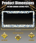 Cool Floral Vintage License Plate Frame Stainless Steel With Holes And Screws Fits Standard US Canada Vehicles 12.3 By 6.3 Inch Colorful Car Decor Durable And Weatherproof, showing product dimensions and easy install icons.