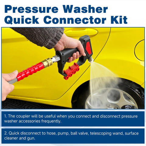 Front view of a pressure washer quick-connect spray gun with brass adapters and red fittings, spraying a yellow car.
