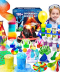 Totally 110 Plus Science Experiments Kit For Kids With colorful volcano set, tools, and child ready for fun learning.