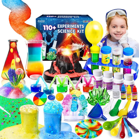 Totally 110 Plus Science Experiments Kit For Kids With colorful volcano set, tools, and child ready for fun learning.