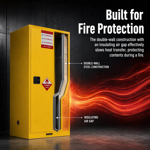 Rock Solid Shop Ready 60 Gallon Steel Flammable Liquid Safety Cabinet With Spill Sump Adjustable Shelves And Grounding Wire For Auto Garages And Job Sites showing double-wall steel construction and fire protection features.