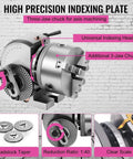 Workhorse Rotary Indexing Head With Three Jaw Chuck And Separate Tailstock For No Sweat Alignment During Precision Milling Drilling Tasks Eight Inch Version, showing three-jaw chuck details.