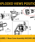 Exploded view of Replacement Nose Cone Assembly N435495 for Drywall Screwgun showing component details and installation.