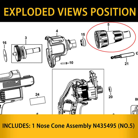 Exploded view of Replacement Nose Cone Assembly N435495 for Drywall Screwgun showing component details and installation.