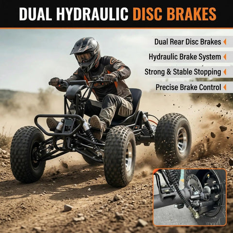 Rider driving Electric Off Road Go Kart For Teens And Adults With Peak 4000W Brushless Power on dirt trail, showcasing dual hydraulic disc brakes