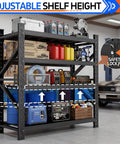 Heavy Duty 4 Tier Metal Garage Storage Shelving Unit With Beefed Up Reinforced Frame For Maximum Stability And High Capacity Organization Adjustable Shelves Rust Resistant Finish Easy Assembly Ideal For Shop Garage Or Home Workshop with tools and devices arranged.