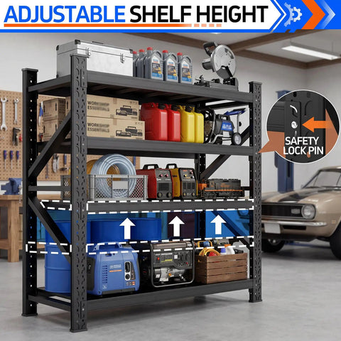 Heavy Duty 4 Tier Metal Garage Storage Shelving Unit With Beefed Up Reinforced Frame For Maximum Stability And High Capacity Organization Adjustable Shelves Rust Resistant Finish Easy Assembly Ideal For Shop Garage Or Home Workshop with tools and devices arranged.