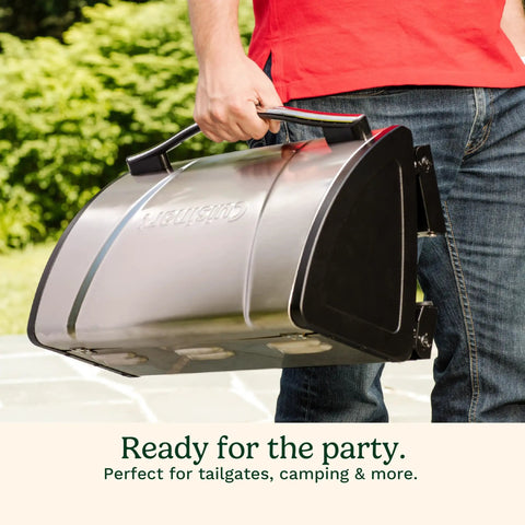 Person carrying Portable Stainless Steel Gas Grill With Locking Lid For Easy Transport 8000 BTU Propane Grill