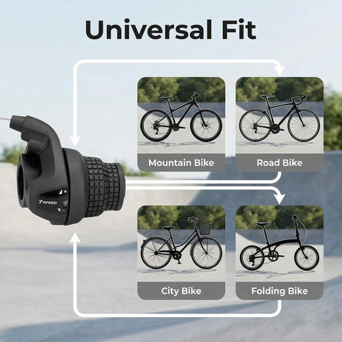 Diagram showing 7 Speed Twist Shifter Lever For MTB And Folding Bikes With Ergonomic Grip universal fit for various bike types.