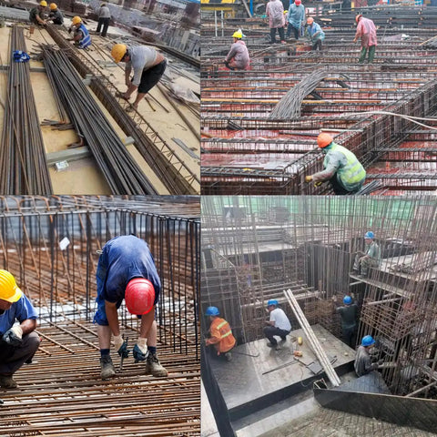 Construction workers using Beefy 1600W 220V Electric Steel Bar Cutter And Rebar Bender on site for bending steel bars.