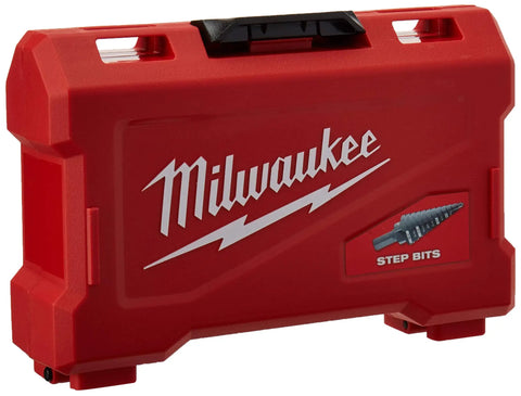 Red case for Four Piece Step Drill Bit Set With Thirty One Hole Sizes HSS Black Oxide Finish For Metal And Wood Milwaukee Made In The United States