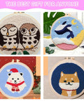 Owl, whale, polar bear, and dog punch needle art from Punch Needle Kit for Adults Beginners With Adjustable Wooden Handle Tools 11 Punch Needle Sizes Includes 8 Poke Needles 9 Big Eye Needles 2 Threaders Scissors and More Dope Gift For Makers Who Live DIY Crafts Home Decor And Embroidery Projects.