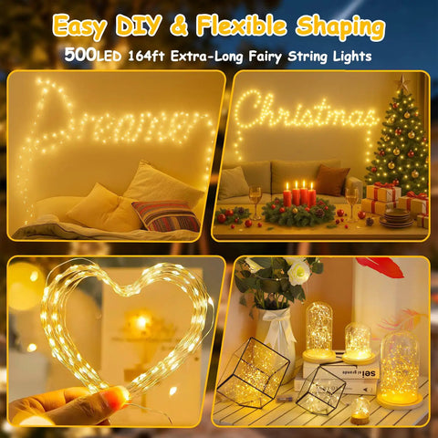 164 Feet Of 500 LED Fairy Lights With Bendable Silver Copper Wire Firefly String Lights 12 Modes With Timer Remote