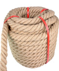 1.5 Inch Thick Twisted Rope, 100 Feet Of Natural Fiber For Landscaping, Crafts, Boating, Marine Use, neatly coiled with red bindings