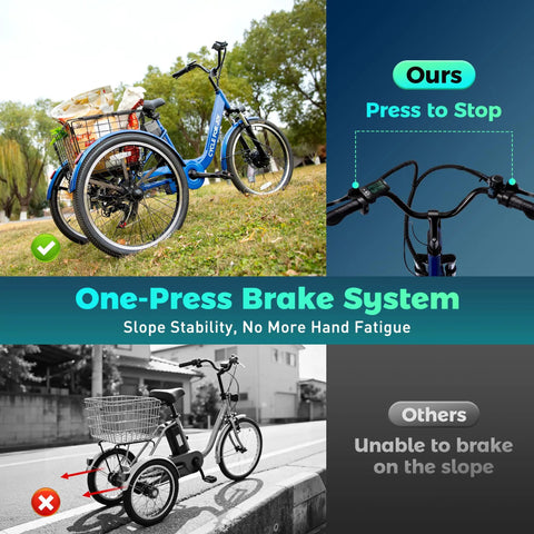 Three Wheel Electric Trike For Adults And Seniors With 48V 13Ah Battery Powerful Motor GCC And UL Certified Safety UL 2849 UL 2272 Smooth Stable Ride For Daily Commutes And Easy Cruising, one-touch brake system