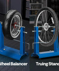 Front view of Pro Grade Motorcycle Wheel Balancer And Truing Stand With Spin Static Truing Stand for accurate balance and spoke truing