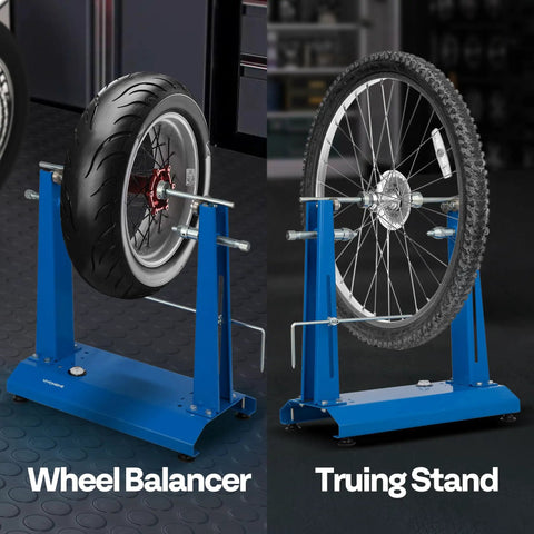 Front view of Pro Grade Motorcycle Wheel Balancer And Truing Stand With Spin Static Truing Stand for accurate balance and spoke truing