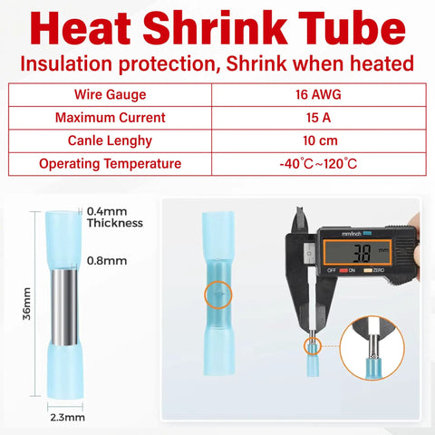 Heat shrink tubing dimensions for 2 Pin Wiring Harness Connector Kit with caliper measuring 36mm x 0.8mm, 16 AWG.