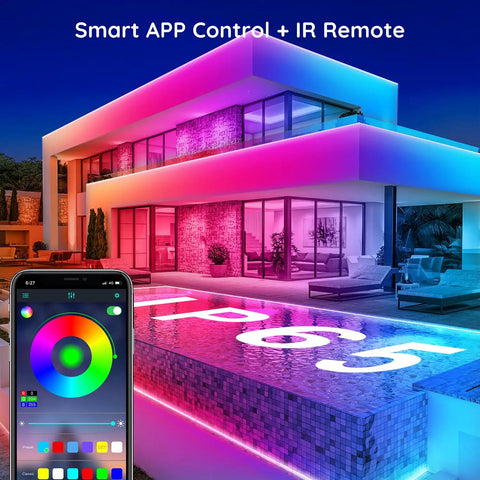 60Ft Outdoor Waterproof LED Strip Lights With Music Sync RGB IP65 illuminating a modern house facade at night, app control shown on phone.