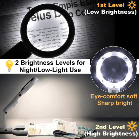 Lighted Desk Magnifier With Stand And Foldable Arm, 3.5x Primary Lens Plus 10x Loupe, LED Brightness Adjustable for reading