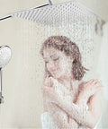 Massive 12 Inch Square Rain Shower Head With Handheld Combo High Pressure Rainfall in use by woman, stainless steel