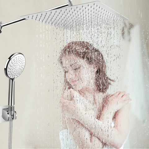 Massive 12 Inch Square Rain Shower Head With Handheld Combo High Pressure Rainfall in use by woman, stainless steel