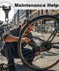 A person using a Heavy Duty Chain Breaker Riveting Tool For Chains And Link Pins on a bicycle in an urban setting, tool detail inset.