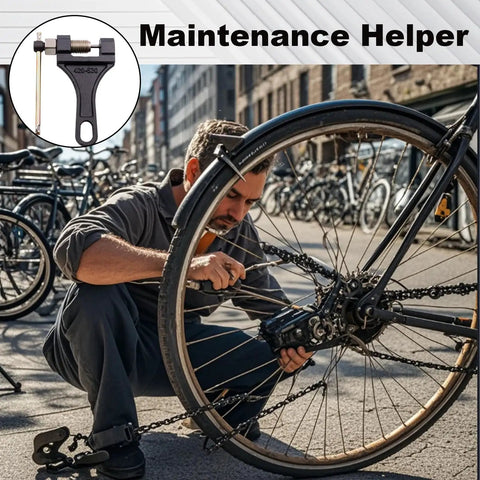 A person using a Heavy Duty Chain Breaker Riveting Tool For Chains And Link Pins on a bicycle in an urban setting, tool detail inset.