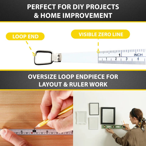 Diameter And Circumference Tape Measure for DIY projects with loop end, visible zero line, and layout ruler use.
