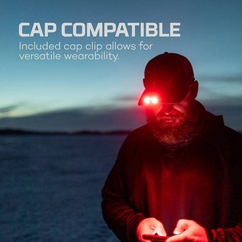 Person wearing Mycro 500 Plus Rechargeable Headlamp With 500 Lumens, Seven Light Modes, Water Resistant, Detachable Hat Clip at dusk.