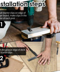 Installation steps for Starter Deck Clips Set For Composite Decking Hidden Fasteners Trex Z Clips with tools and wood
